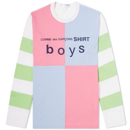 Comme des Garcons SHIRT BOYS Long Sleeve Colour Block Logo Tee White, Blue & Pink | END.