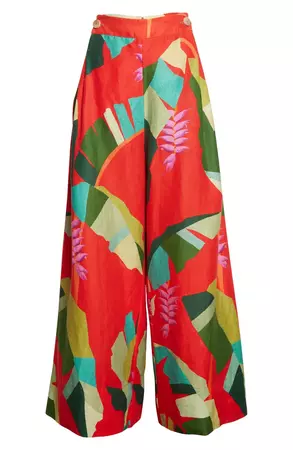 FARM Rio Heliconia Floral Print Wide Leg Linen Pants | Nordstrom