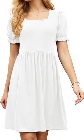 GRECERELLE Women's Casual Dresses Hide Belly Fat Loose Fit Ruffle Puff Sleeve High Waist Sundress White at Amazon Women’s Clothing store