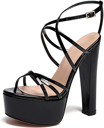 *clipped by @luci-her* Strappy High Heel Sandals Platform Chuncky Heel 6" Ankle Strap Open Toe