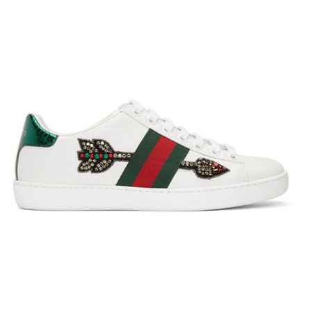 GUCCI Ace Watersnake-Trimmed Crystal-Embellished Leather Sneakers