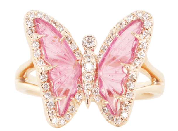 14KT GOLD AND DIAMOND PINK TOURMALINE BUTTERFLY RING