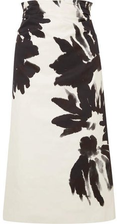 Ruched Floral-print Cotton-twill Midi Skirt - Black
