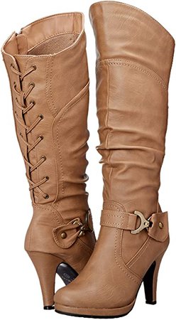 Amazon.com | TOP Moda Womens Page-65 Knee High Round Toe Lace-Up Slouched High Heel Boots, Tan, 9 | Knee-High