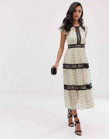 Lace & Beads midi dress in spotty mesh with lace inserts in cream | ASOS