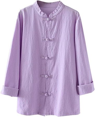 Kedera Women's Linen Shirts Retro Mandarin Collar Chinese Frog Button Tops Blouse Purple at Amazon Women’s Clothing store