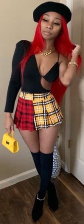 one sleeve cut out black bodysuit, red and yellow plaid mini skater skirt, black knee high boots, yellow mini bag, black baret, red hair-outfit