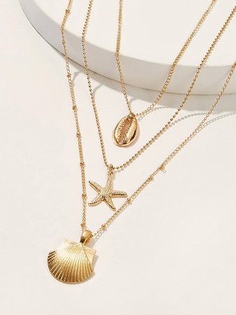 Shell & Starfish Pendant Layered Necklace 1pc | ROMWE