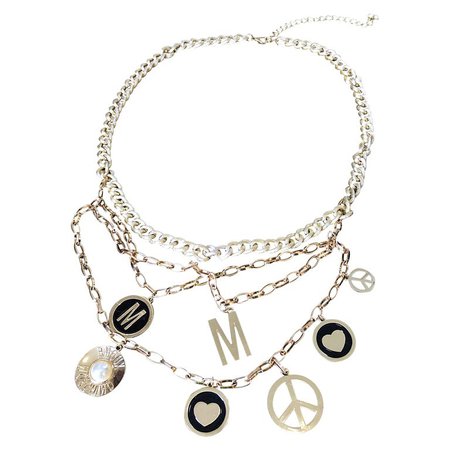 1990s MOSCHINO Gold Logo Peace Sign + Pearl + Hearts Vintage Charm Belt Necklace For Sale at 1stdibs