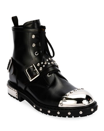 Alexander McQueen Studded Cap-Toe Leather Lace-Up Boots