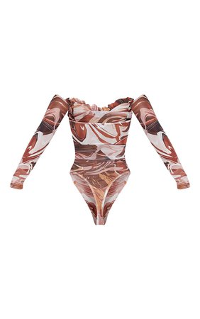 Brown Marble Print Mesh Ruched Bardot Bodysuit | PrettyLittleThing USA