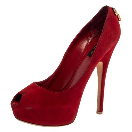 Louis Vuitton Red Suede Oh Really! Peep Toe Platform Pumps Size 39.5 For Sale at 1stDibs