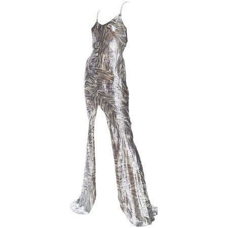 Backless Roberto Cavalli Trained Silver Lamé Gown For Sale at 1stdibs