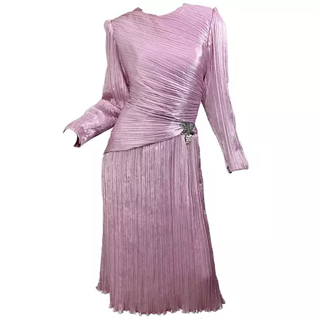 1980s Morton Myles Size 10 Pink / Purple Fortuny Pleated Silk Beaded 80s Dress For Sale at 1stDibs