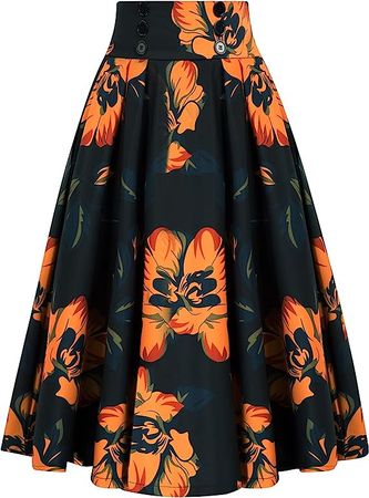 Amazon.com: Women Summer Vintage Floral Print Midi Skirt A-line Swing Skirt,Black-Yellow Flower,2XL : Clothing, Shoes & Jewelry