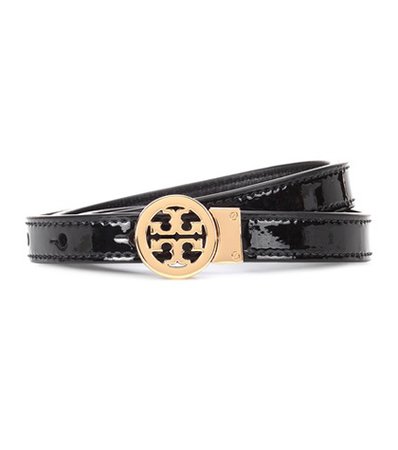 Reversible patent leather logo belt