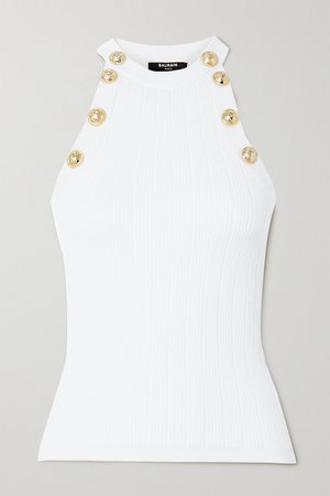 White Button-embellished ribbed-knit tank | Balmain | NET-A-PORTER