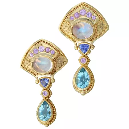 Kent Raible 'Moon Flower' Multi Gemstone Drop Earrings with Fine Granulation For Sale at 1stDibs