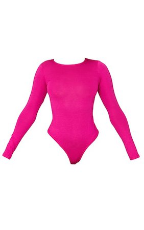 Hot Pink Basic Crew Neck Long Sleeve Bodysuit | PrettyLittleThing USA