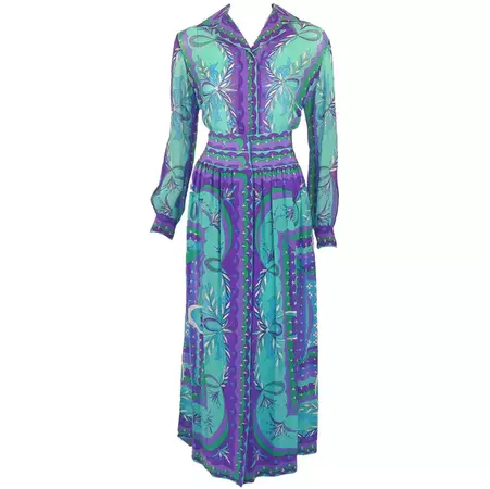 Emilio Pucci 1970s Turquoise and Purple Silk Print Blouse and Skirt Ensemble For Sale at 1stDibs | purple and turquoise suit, purple pucci shirt, turquoise green blouse