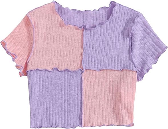 Milumia Girl's Rib Knit Color Block Crop Tee Short Sleeve Lettuce Trim Crewneck Tshirt Brown 11-12 Years