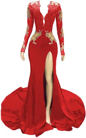 Graceprom Women's 2019 Backless Mermaid Prom Dresses Gold Lace Appliques Side Slit Long Sleeves Evening Gown Burgundy B 18 at Amazon Women’s Clothing store