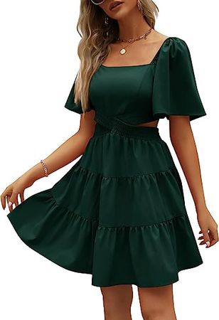 LILLUSORY Womens 2023 Summer Cutout Mini Dresses Short Sleeve Square Neck Crossover Waist Dress at Amazon Women’s Clothing store