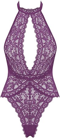 Joyaria One Piece Lingerie for Women Lace Teddy Snaps on Bodysuit(Purple, Small) at Amazon Women’s Clothing store