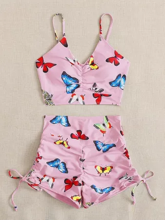 Butterfly Print Drawstring Shorts Bikini Swimsuit
