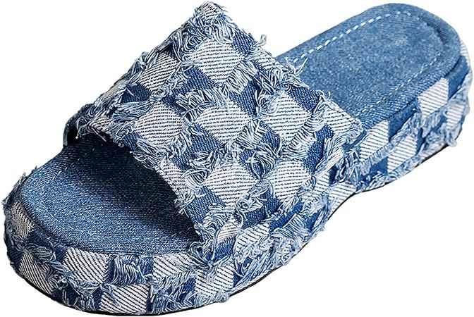Amazon.com | Women's Denim Cloth Heckered Pattern Platform Slides Vintage Thread Edge Open Toe Slip On Comfortable and Non-Slip Slide Boho Sandals (8,Blue,Female) | Shoes