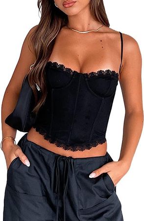Women Lace Bustier Croset Top Sleeveless Spaghetti Strap Bodyshaper Boned Cami Tops Going Out Party Crop Top at Amazon Women’s Clothing store