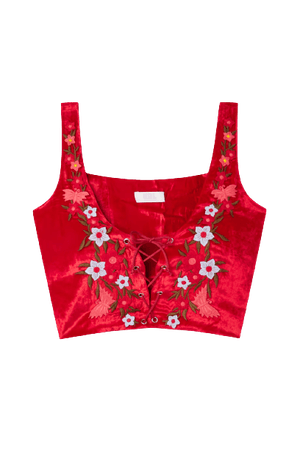 ERL - Cropped lace-up embroidered velvet vest