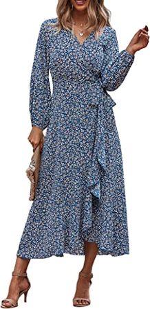 PRETTYGARDEN Women's Long Sleeve Vintage Wrap Dress Floral Print V-Neck Maxi Dresses with Belt at Amazon Women’s Clothing store