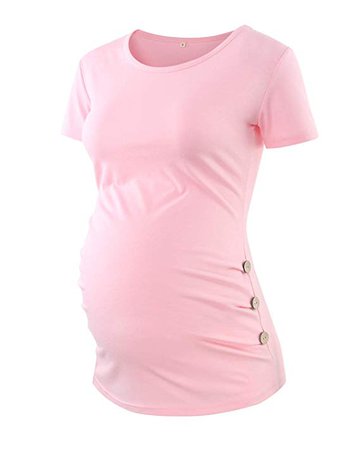 StrabElla Maternity Tops Short Sleeve Shirts Side Ruched T-Shirts Tunic Round Neck Mama Pregnancy Clothes. Pink at Amazon Women’s Clothing store: