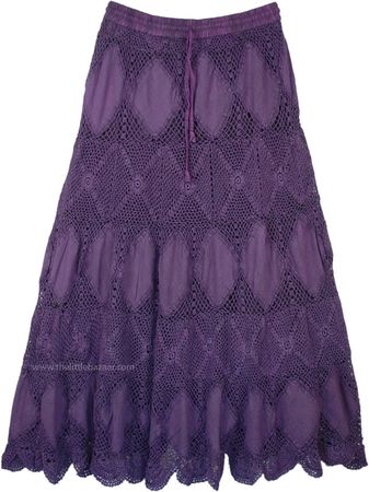 Shady Voodoo Gypsy Skirt in Cotton Crochet Patchwork | Purple | Crochet-Clothing, Patchwork, Stonewash, Misses, Beach, Gift, Solid, Handmade,Western-Skirts