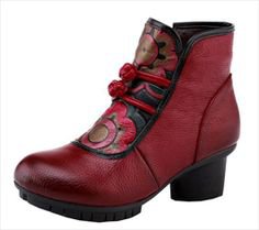 SOCOFY Chinese Bowknot Printing Pattern Block Mid Heel Leather Ankle Boots - NewChic
