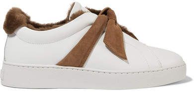 Clarita Bow-embellished Faux Shearling-lined Leather Slip-on Sneakers - White