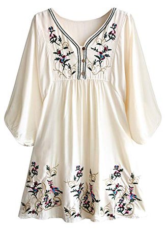 Futurino Women's Bohemian Embroidery Floral Tunic Shift Blouse Flowy Mini Dress, Flower Beige, Large at Amazon Women’s Clothing store:
