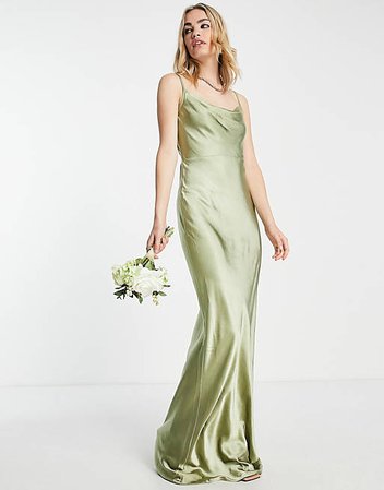 Pretty Lavish Bridesmaid Keisha satin maxi dress in olive | ASOS