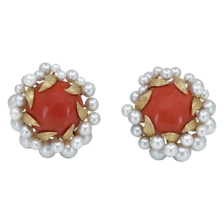 David Webb Gold, Pearl and Coral Ear Clips
