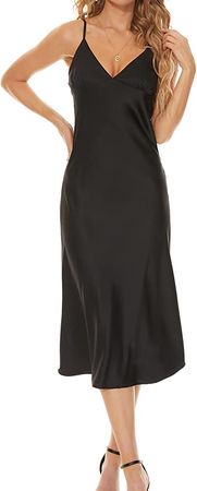 Amazon.com: Women's Satin Slip Dress Spaghetti Strap Sleeveless V Neck Midi Dresses (Black S) : Clothing, Shoes & Jewelry