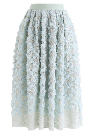 3D Roses Full Lace Midi Skirt in Mint - NEW ARRIVALS - Retro, Indie and Unique Fashion