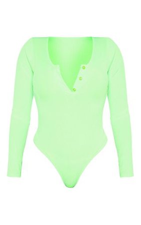 Shape Neon Lime Ribbed Long Sleeve Bodysuit | PrettyLittleThing