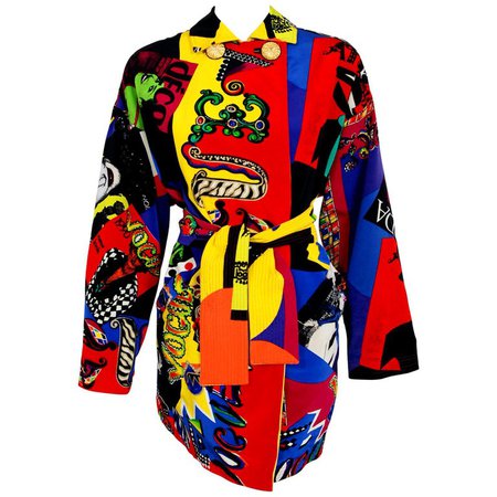 1991 Versace Couture Colorful Vogue Print Reversible Belted Trench Coat Jacket For Sale at 1stdibs