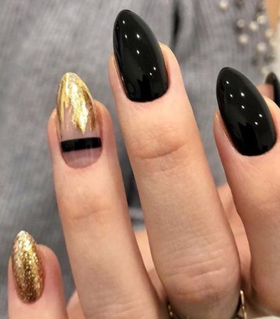 Glossy Black / Gold Glitter Nails