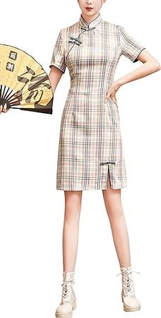 Amazon.com: LAI MENG FIVE CATS Women's Vintage Chinese Cheongsam Print Dress Short Sleeve Retro Side Slit Mini Bodycon Dress: Clothing, Shoes & Jewelry