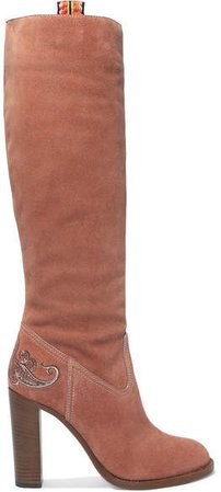 Embroidered Suede Knee Boots - Pink