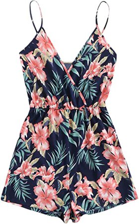 MakeMeChic Women's Plus Size Floral Print High Elastic Waist Cami Romper Jumpsuit Black#7 2XL : Clothing, Shoes & Jewelry