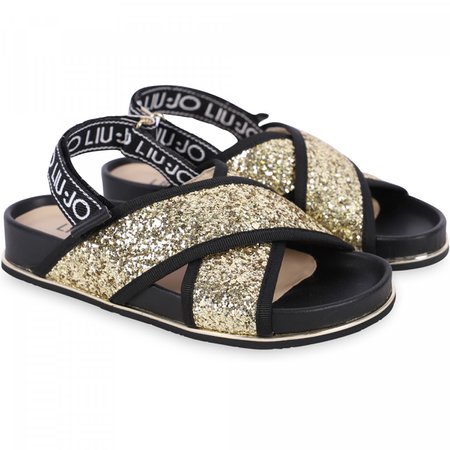 LIU JO Glittery Logo Sandals in Black and Golden - BAMBINIFASHION.COM