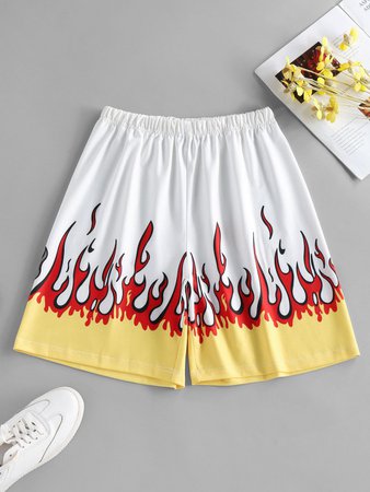 [32% OFF] 2020 ZAFUL Flame Print High Waisted Bermuda Shorts In WHITE | ZAFUL